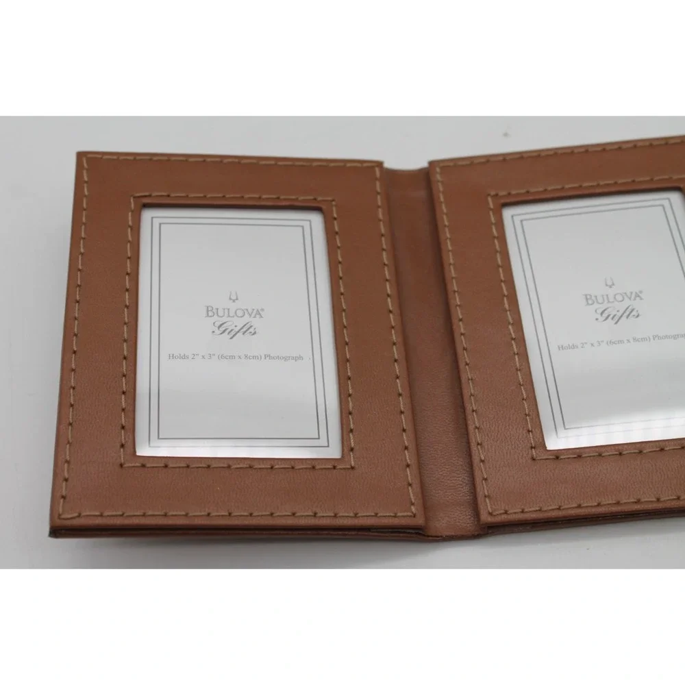 Bulova Triple Folding Photo Album Travel Picture Frame Leather Brown Snap Close